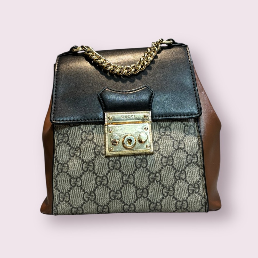 Gucci GG Supreme Backpack Handbag Beige X Black PVC Leather Gold Hardware Used